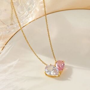 Gold Heart Pendant Necklace with Pink and Clear Stones